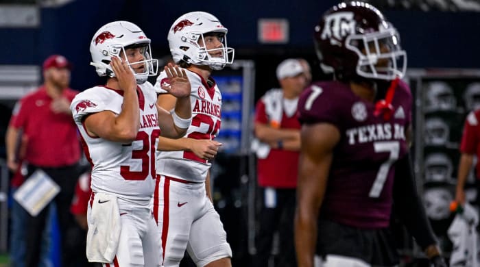 Arkansas reacts to a field goal off the uprights.